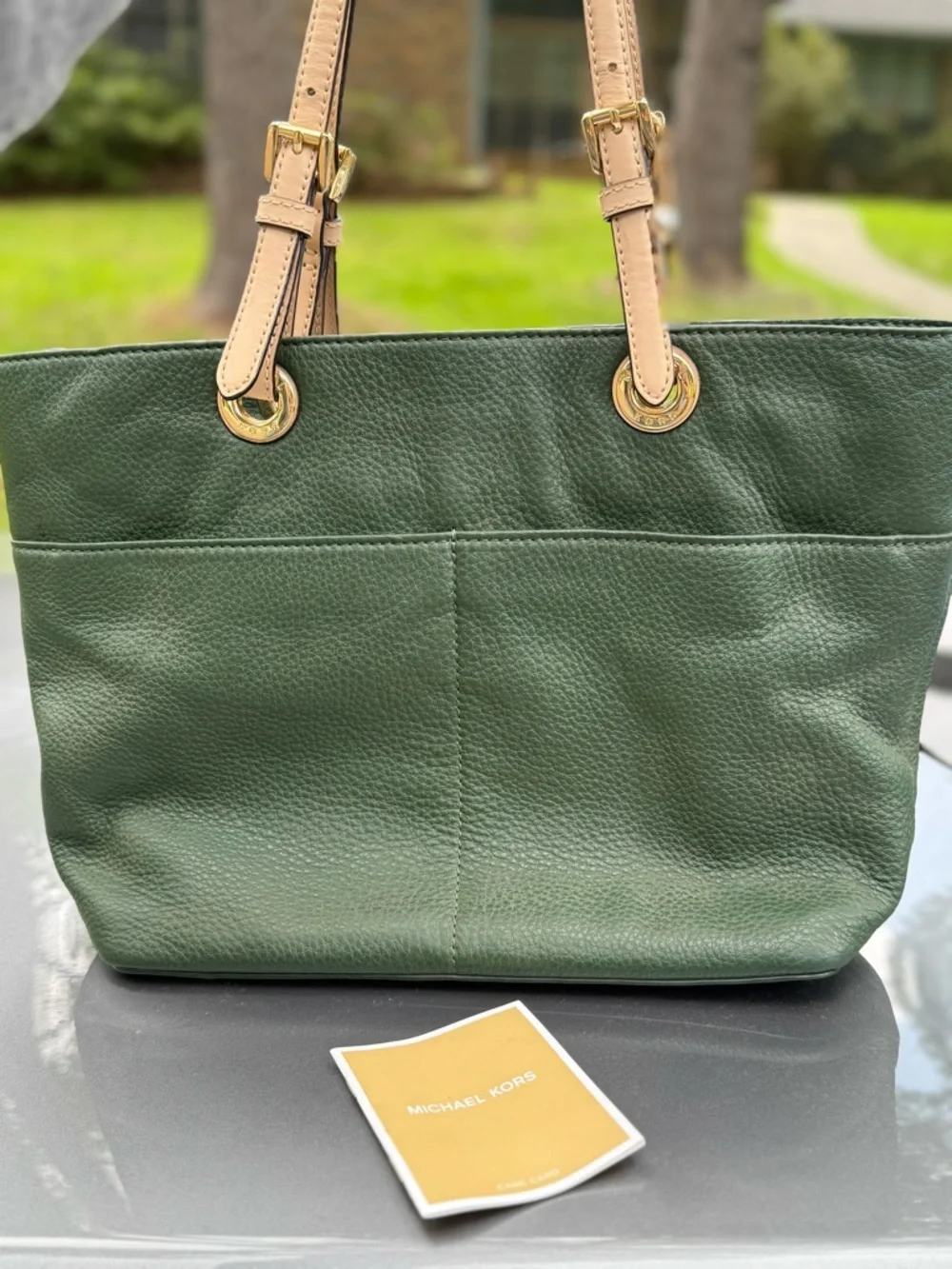 Michael Kors Green Pebbled Leather Tote Bag Gold Hardware Shoulder Bag Large EUC - Picture 2 of 6